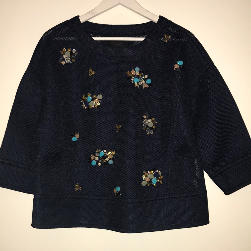 Women’s J. Crew blue mesh embellished top